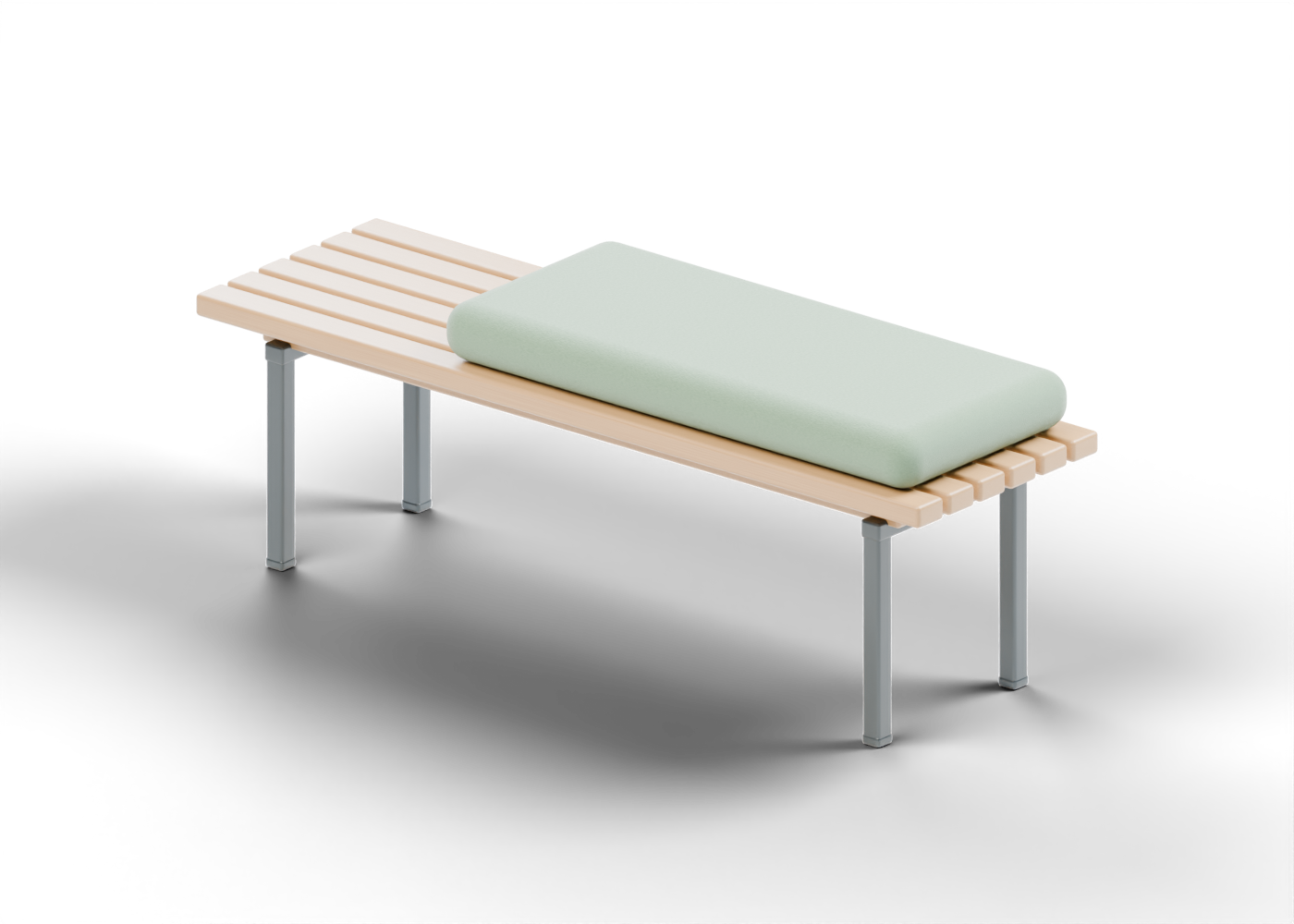 Original oak bench with a rounded green cushion and slender steel legs, viewed from the front right.