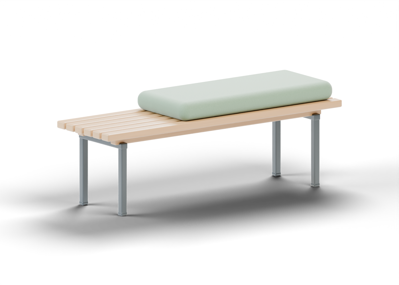 Lower view showing the exposed wooden seat slats and rounded upholstery profile.